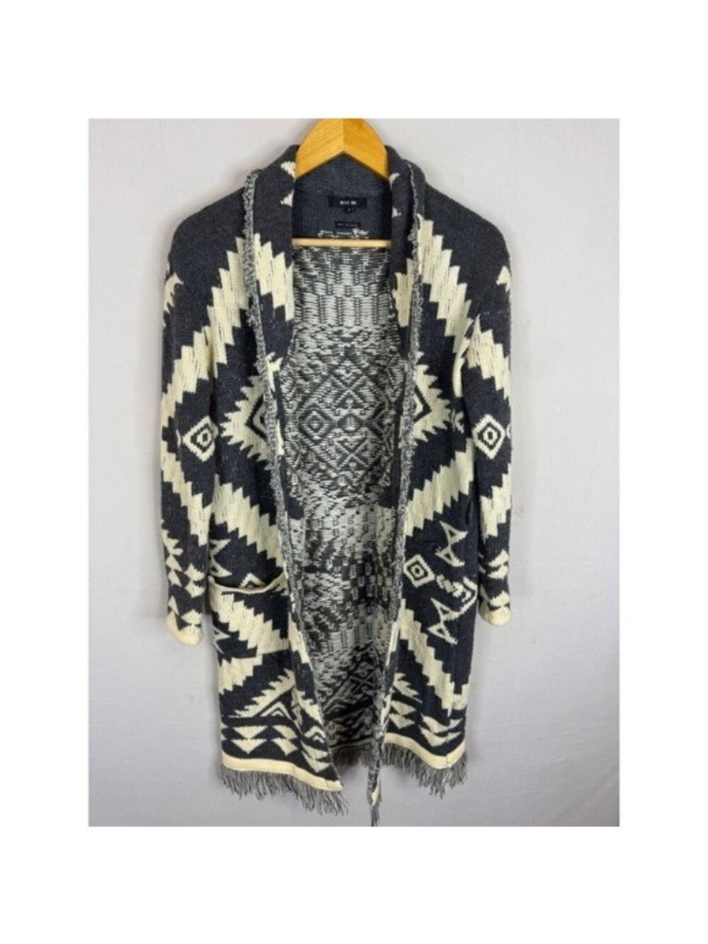 Miss Me SMSW1023L Gray Cream Southwestern Fringe Long Cardigan Sweater M
